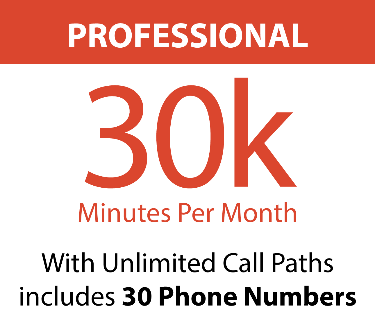 30K minutes per month – With unlimited call paths includes thirty phone numbers